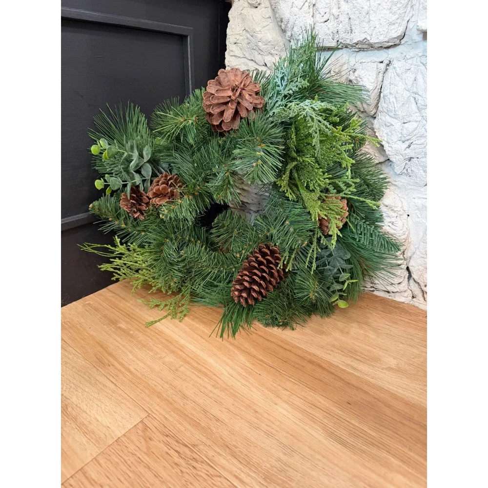 Faux Evergreen Christmas Wreath with Pinecones Eucalyptus and Cedar 14 Inch